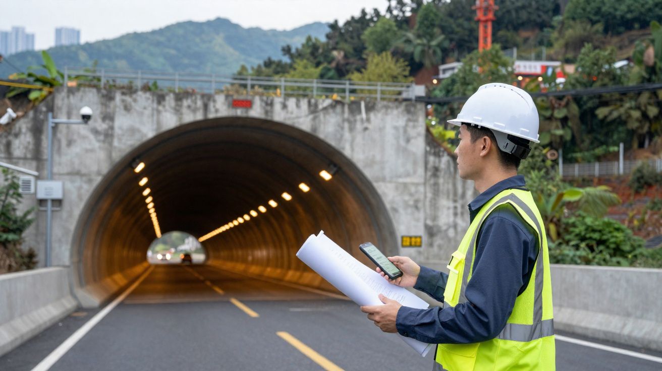 Engenheiro com capacete e colete refletor verifica planta junto a túnel rodoviário numa área montanhosa.