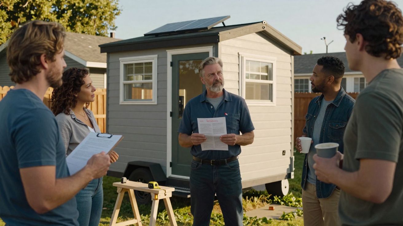 Grupo de pessoas em reunião ao ar livre junto a uma casa móvel com painéis solares no telhado.