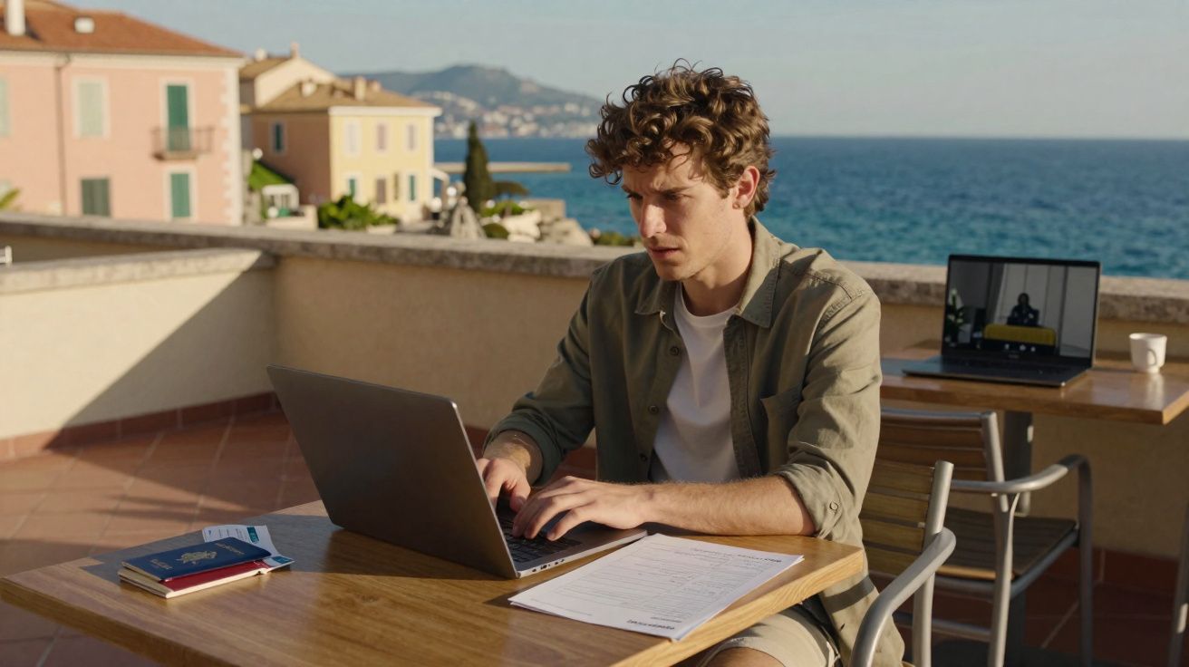 Jovem a trabalhar num computador portátil numa esplanada com vista para o mar, rodeado por documentos e livros.