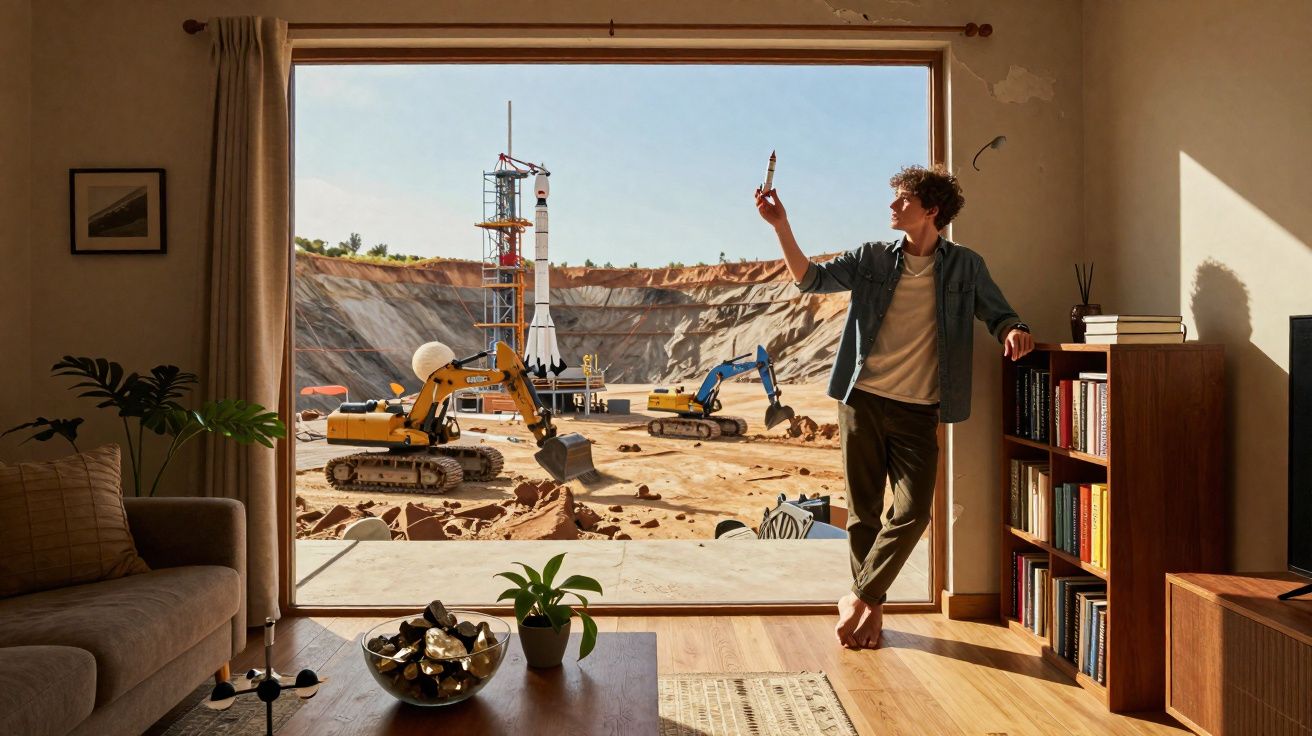Jovem na sala olha para um cenário de construção com escavadoras e um foguetão em lançamento.
