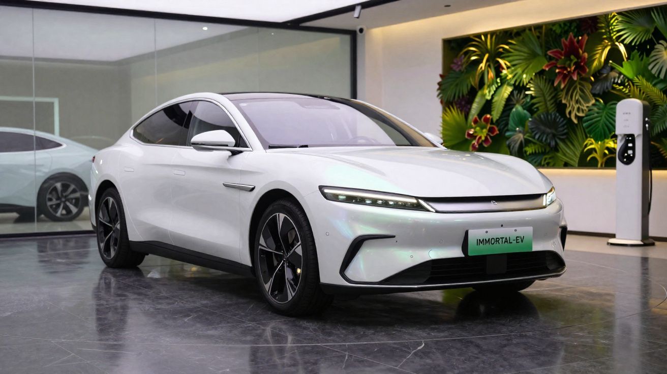 Carro elétrico branco moderno estacionado em garagem com carregador elétrico e painel verde decorativo.