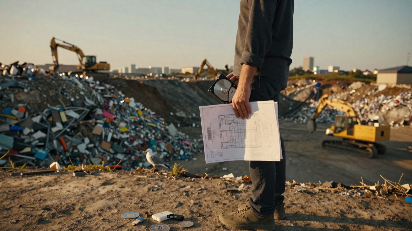Pessoa com plantas na mão observa grande área de aterro com escavadoras e entulho ao fundo.