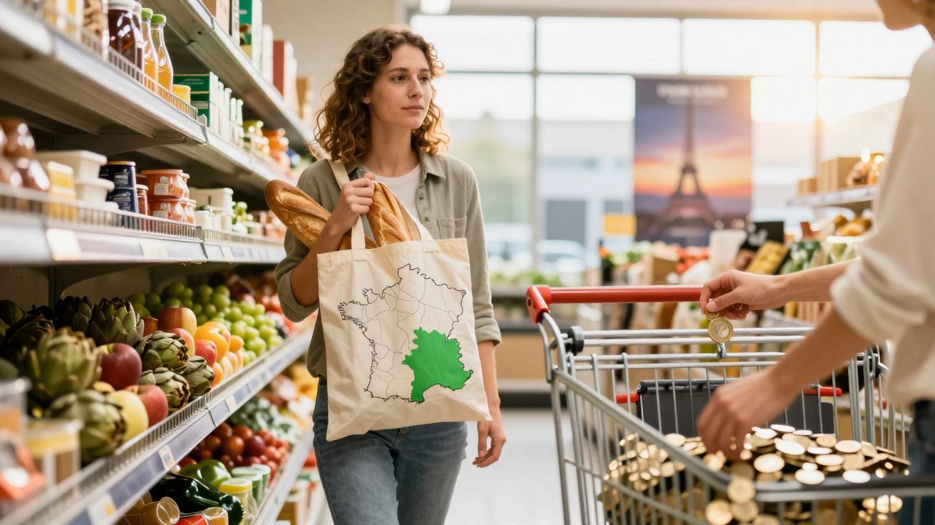 Mulher com saco ecológico e pão a fazer compras numa mercearia, com outra a usar moedas num carrinho.