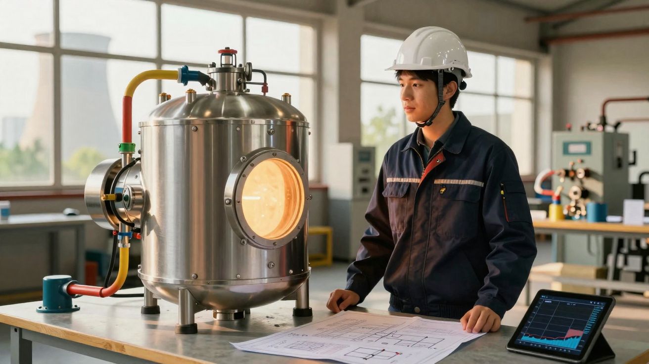 Engenheiro com capacete e roupa de trabalho observa equipamento industrial com planos numa mesa.