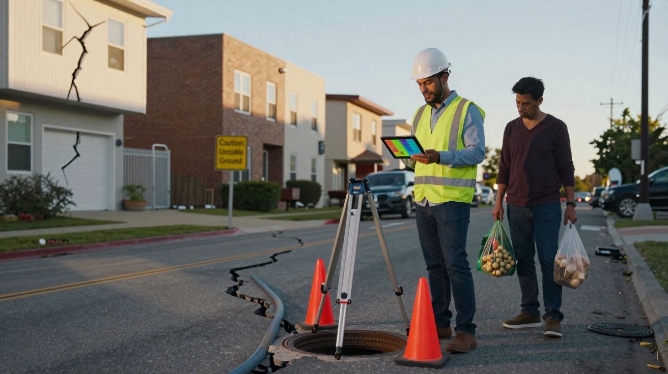 Engenheiro inspeciona fissura no chão junto a homem que transporta sacos de compras na rua.