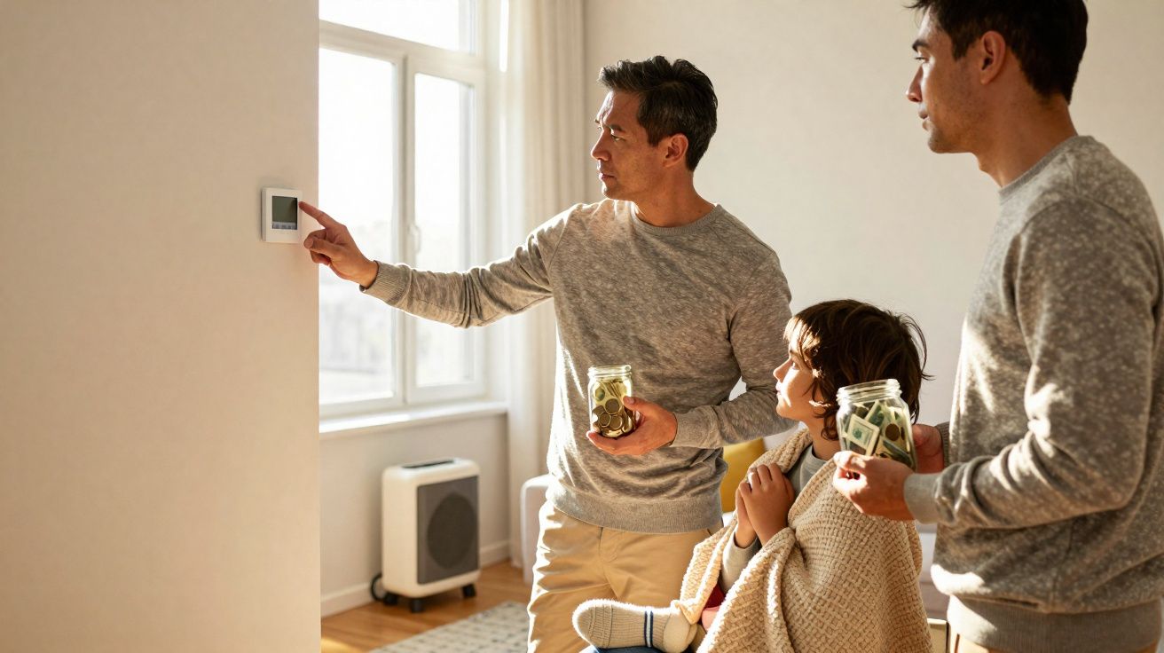 Homem ajusta termóstato enquanto outra pessoa e criança seguram frascos de moedas e notas.