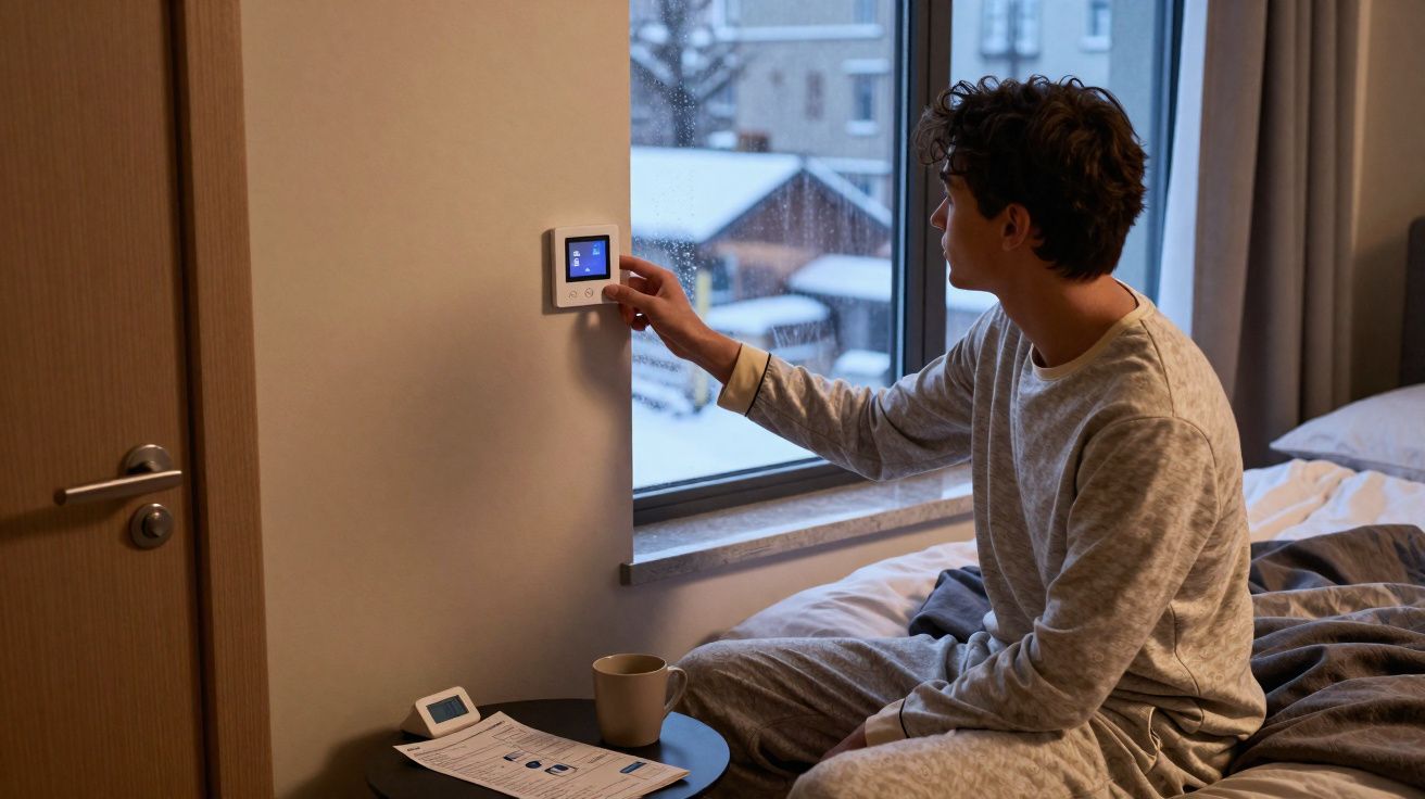 Homem em pijama sentado na cama a ajustar o termostato com janela mostrando paisagem com neve.