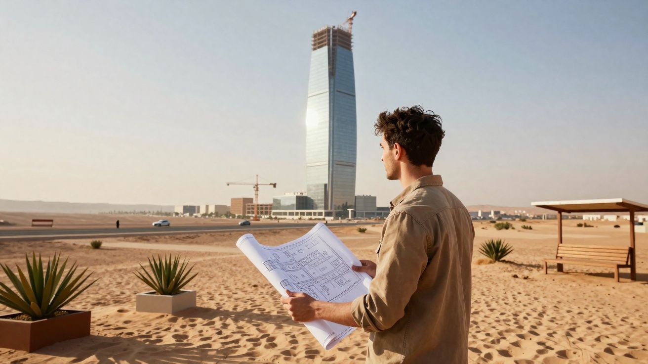 Homem com planta de construção observa arranha-céus em construção no deserto ao nascer do sol.