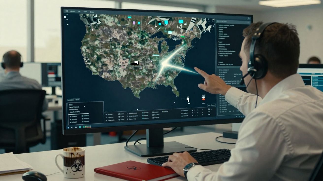 Homem com headset aponta para mapa digital dos EUA num ecrã grande num escritório moderno.