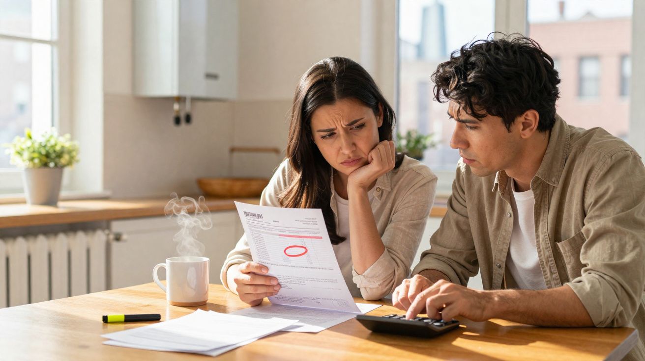 Casal preocupado a analisar contas e usar calculadora numa cozinha iluminada.