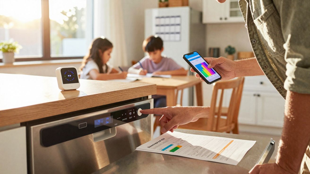 Pessoa controla máquina de lavar loiça com smartphone, enquanto duas crianças estudam ao fundo numa cozinha iluminada.
