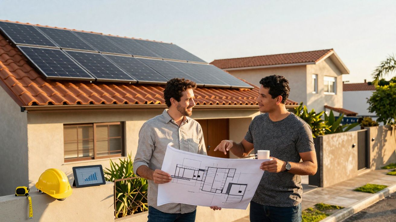 Dois homens analisam planta de construção em frente a casa com painéis solares no telhado ao pôr do sol.