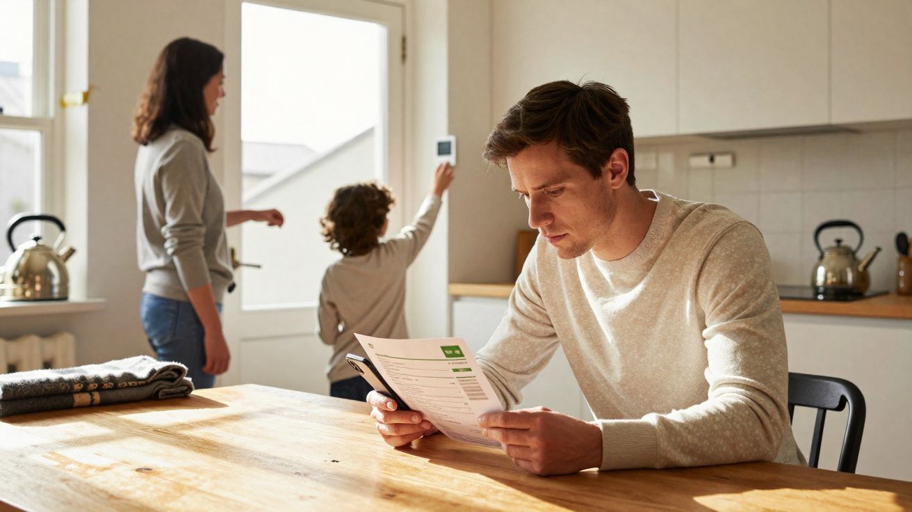 Homem sentado a ler documentos na mesa da cozinha enquanto mulher e criança mexem no termostato na parede.