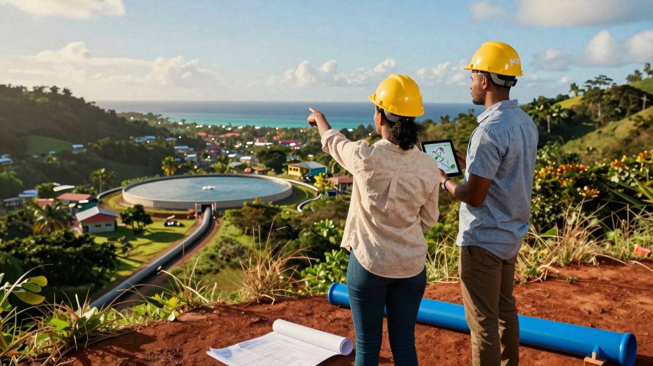 Dois engenheiros com capacetes amarelos observam projeto de construção junto a área verde e reservatório.