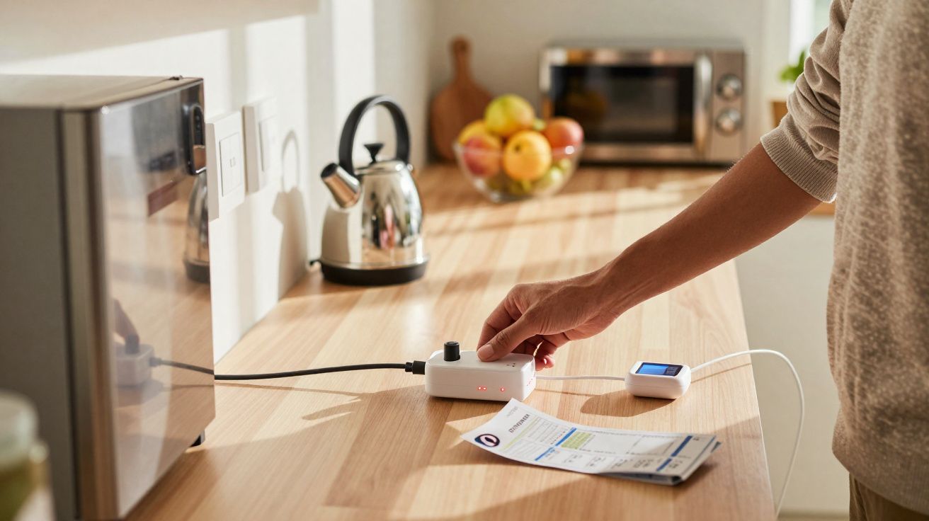 Pessoa a usar dispositivo médico sobre mesa de cozinha com micro-ondas, chaleira e fruta ao fundo.