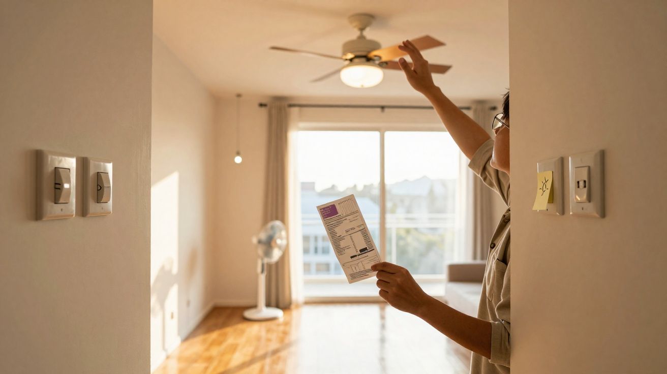 Pessoa a acionar ventilador de teto em sala iluminada, segurando conta de eletricidade.