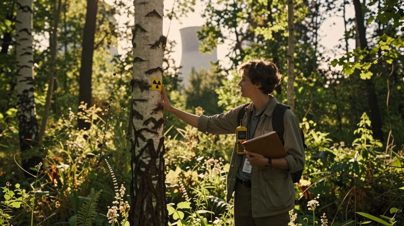Pessoa a tocar numa árvore com sinal de radiação num ambiente florestal, com central nuclear ao fundo.