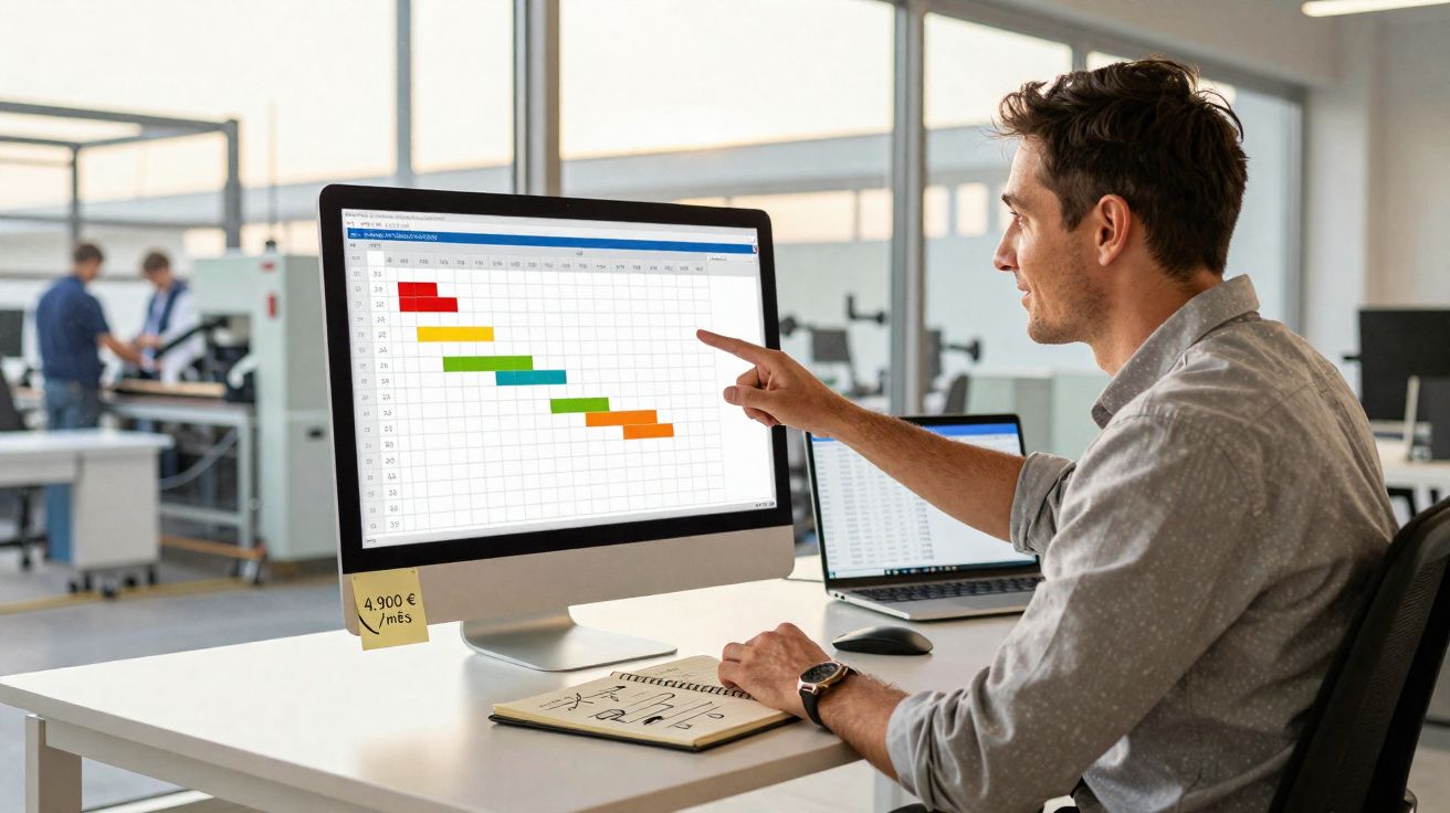 Homem a apontar para gráfico de barras coloridas num ecrã de computador num escritório moderno.