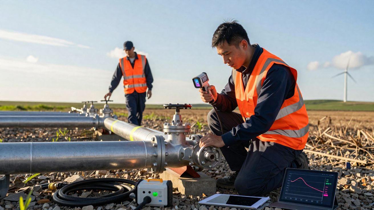Dois técnicos com coletes de segurança trabalham na manutenção de tubulações ao ar livre, com turbinas eólicas ao fundo.