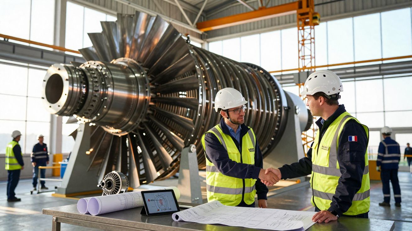 Engenheiros com capacetes e coletes a apertar as mãos junto a turbina e planos numa fábrica.