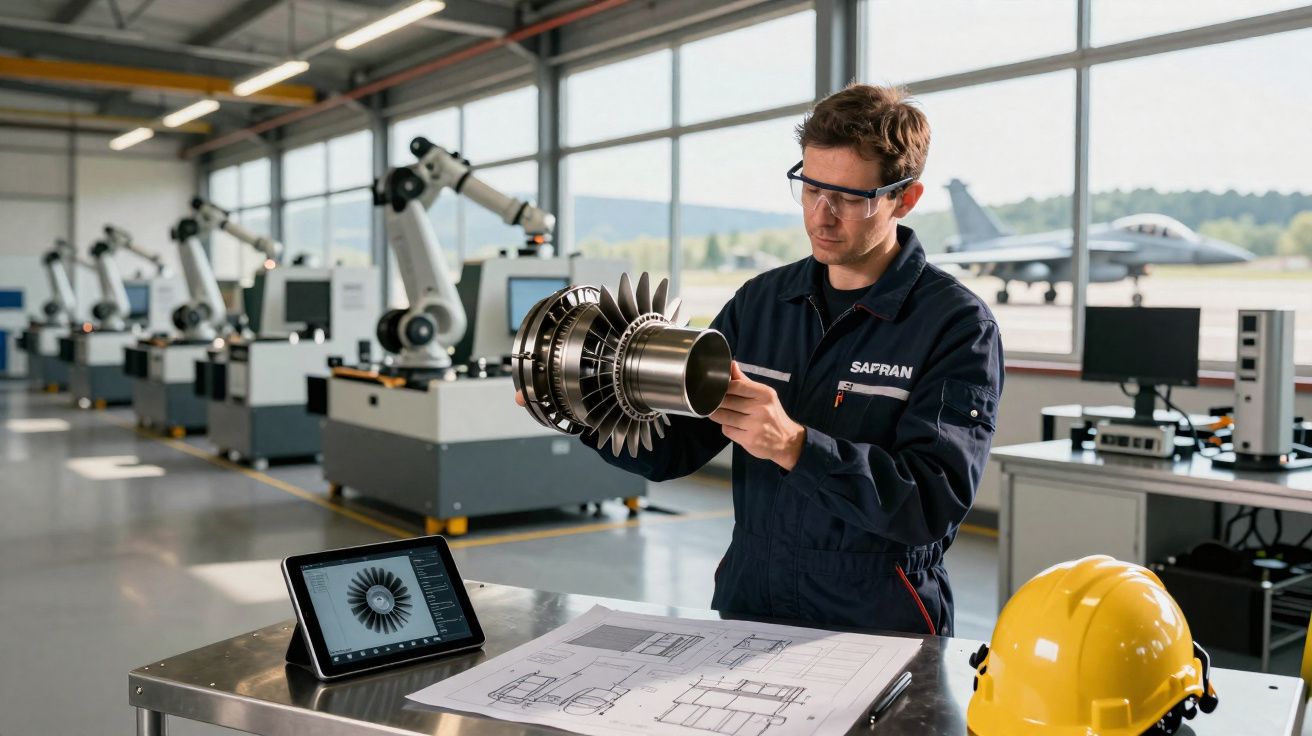 Engenheiro de segurança a analisar peça de motor de avião numa oficina com robôs industriais ao fundo.