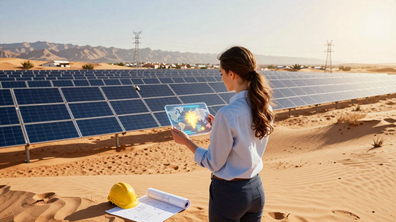 Mulher analisando painéis solares num deserto com capacete e plantas técnicas na areia.
