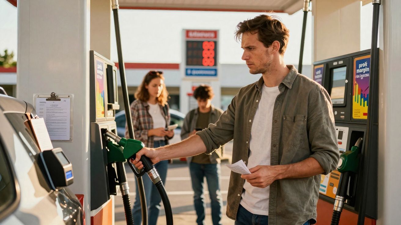 Homem a abastecer carro com bomba de gasolina numa estação de serviço ao ar livre.