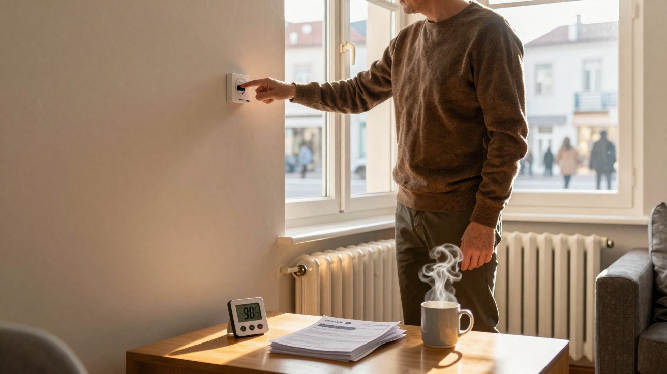 Homem a ligar termóstato numa sala com mesa, chá quente e documentos numa manhã iluminada.