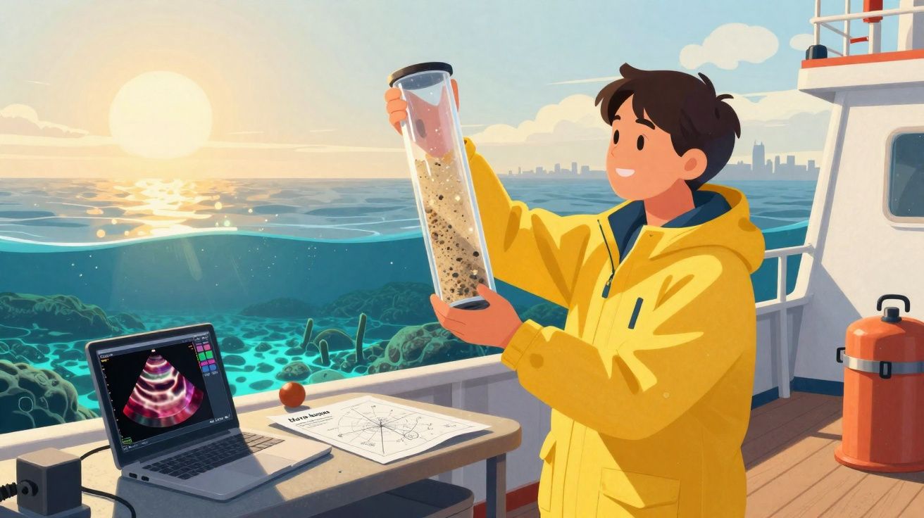 Pessoa com impermeável amarelo num barco a segurar amostra de sedimentos marinhos ao pôr do sol com equipamento de pesquisa.