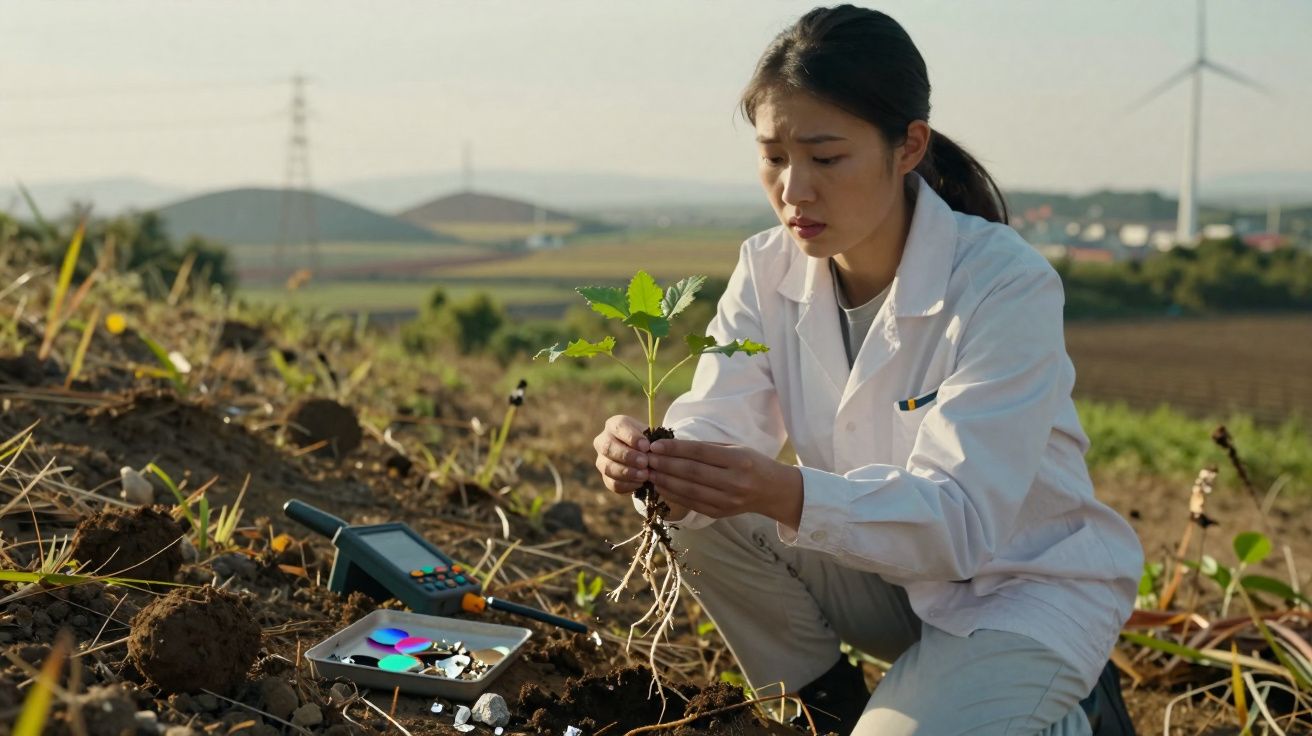 Cientista em bata branca examina planta com raízes num campo agrícola com turbinas eólicas ao fundo.