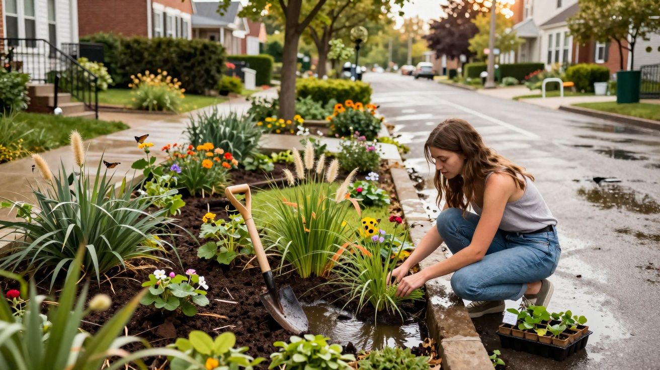 Mulher a cuidar de plantas num canteiro florido junto a uma rua residencial numa tarde ensolarada.
