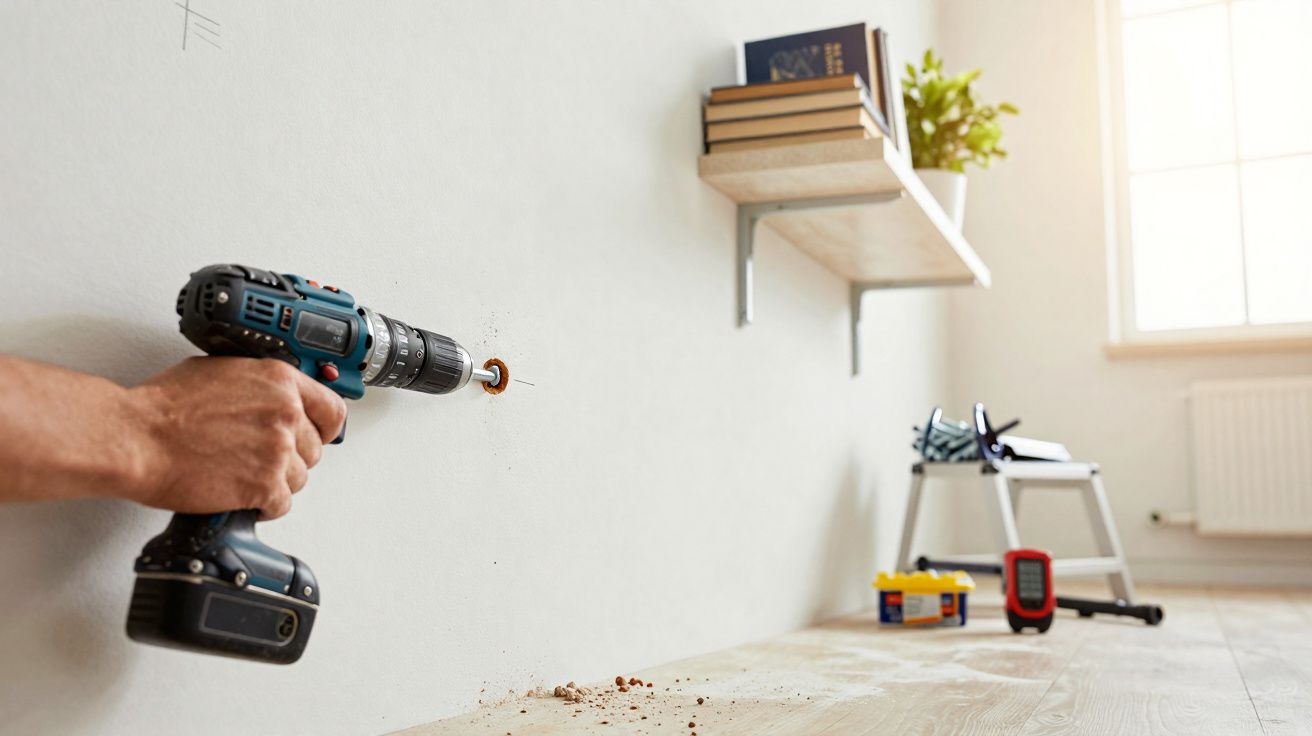 Pessoa a usar uma furadeira elétrica para perfurar uma parede branca numa divisão iluminada.
