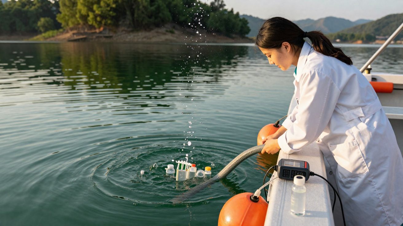 Cientista a recolher amostras de água de um lago para análise enquanto está num barco.