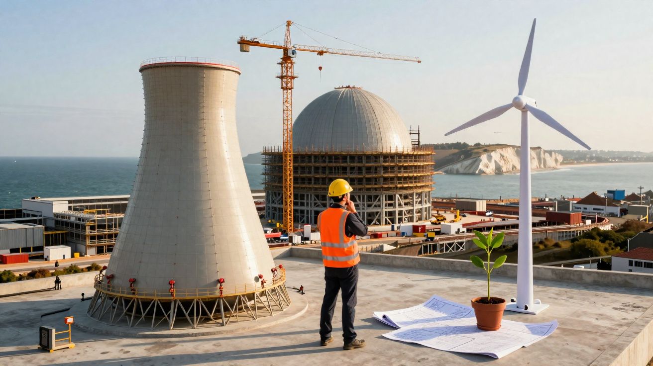Engenheiro com colete e capacete observa construção nuclear e turbina eólica junto a planta numa cobertura.
