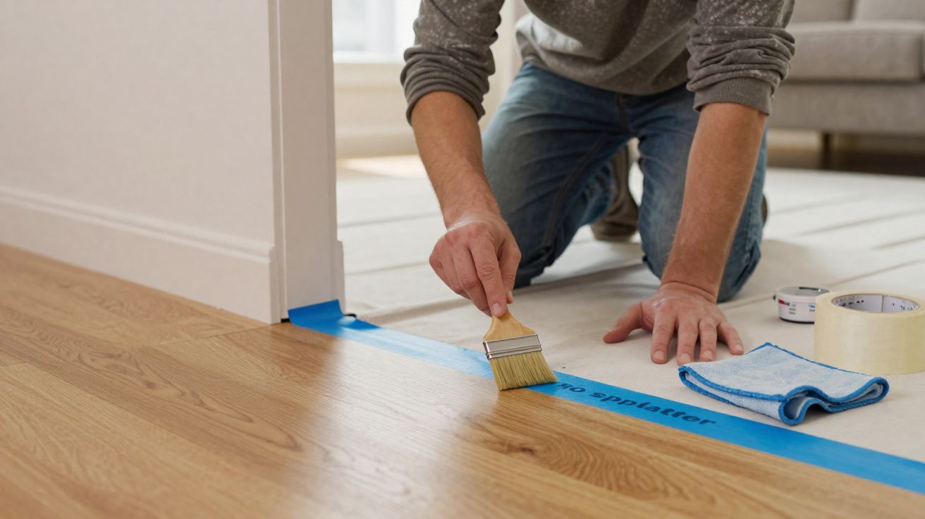 Pessoa a aplicar fita adesiva azul no chão de madeira durante trabalhos de renovação em casa.
