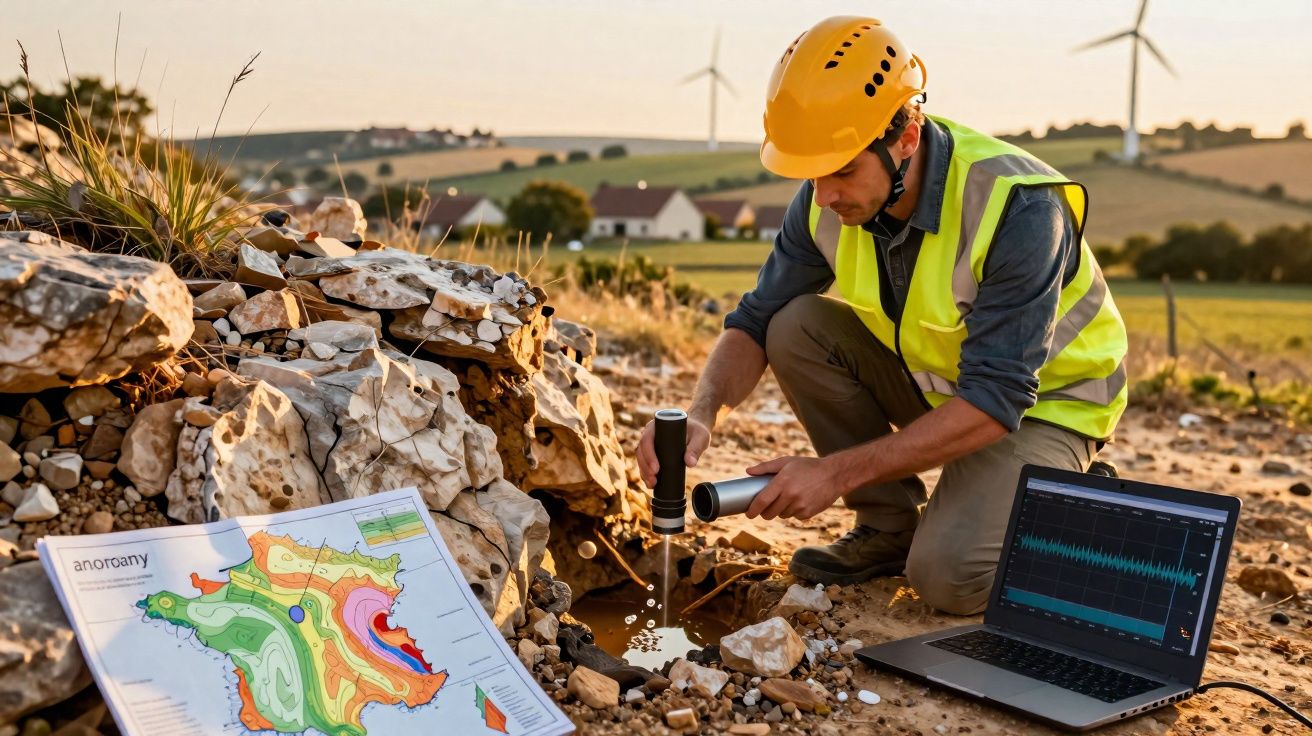 Geólogo em campo a analisar amostras de solo com mapa geológico e portátil numa área rural.