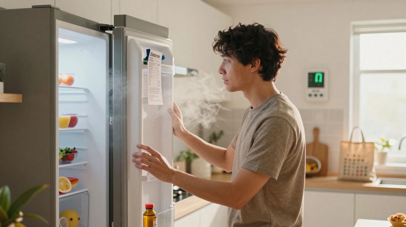 Jovem abre a porta do frigorífico numa cozinha clara, com vapor visível a sair do frigorífico.