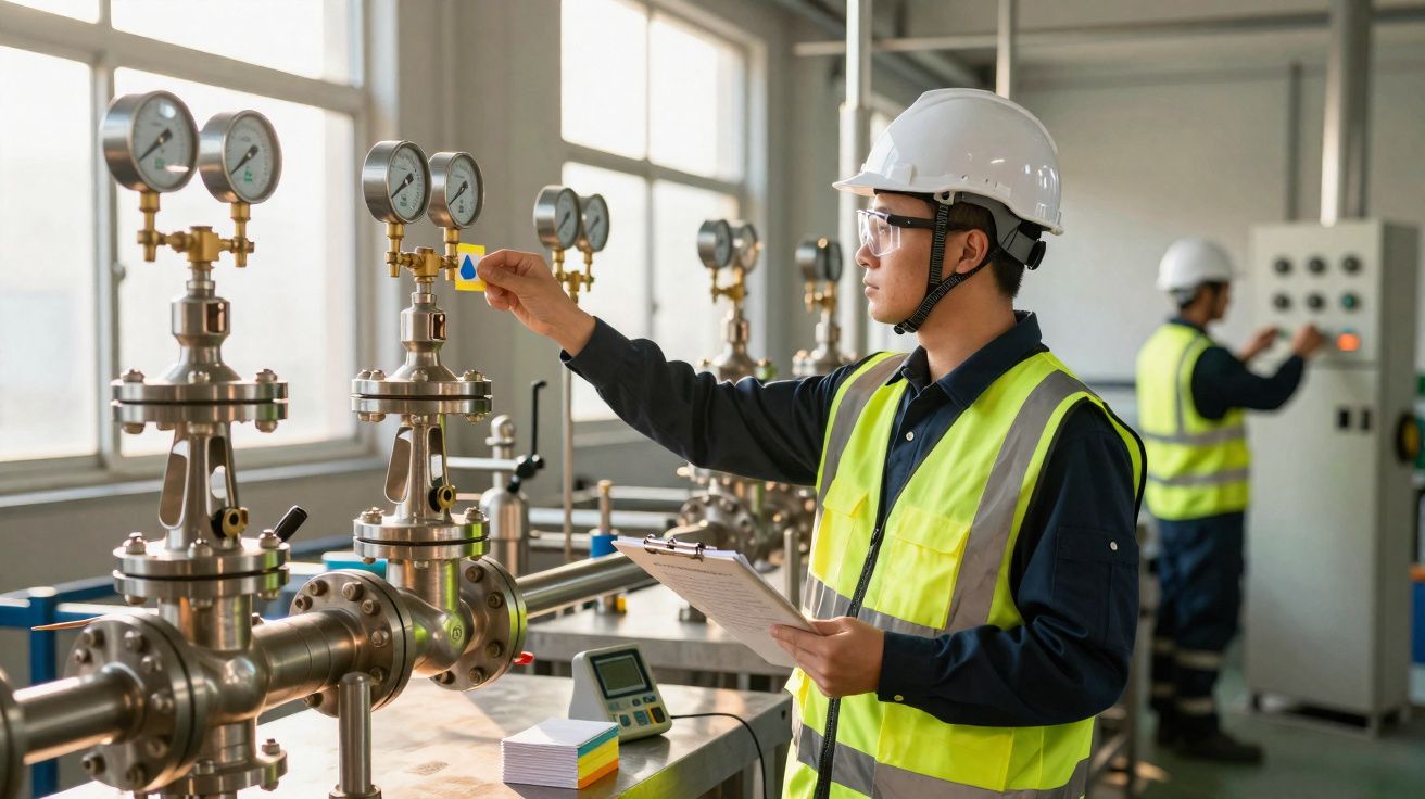 Engenheiro com colete e capacete a inspecionar manómetros numa fábrica industrial com tubagens.