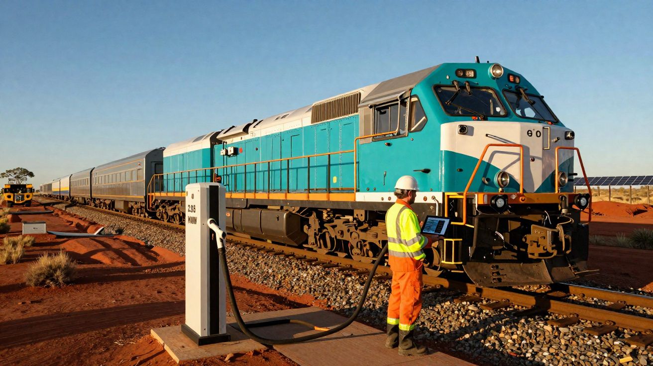 Técnico em equipamento de segurança verifica locomotiva azul e branca parada nos carris sob céu limpo.
