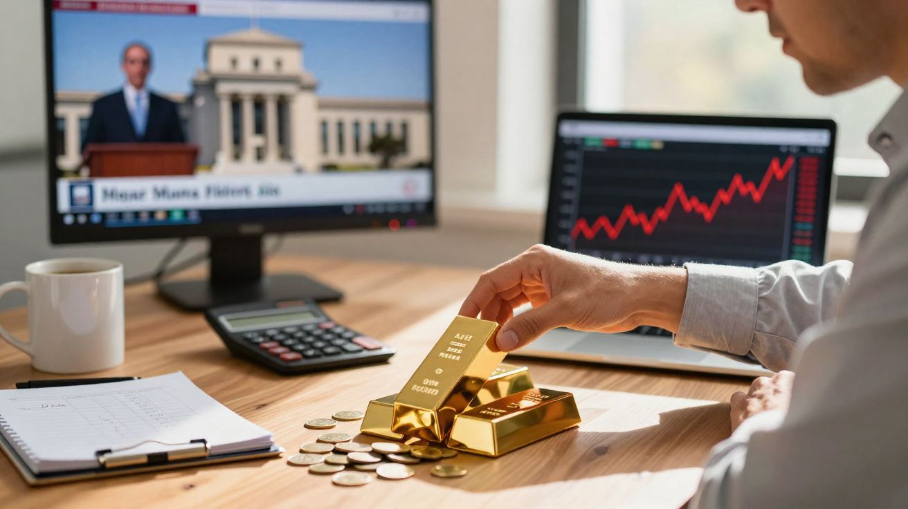 Pessoa a manipular barras de ouro com moedas, calculadora e gráficos financeiros em ambiente de escritório.
