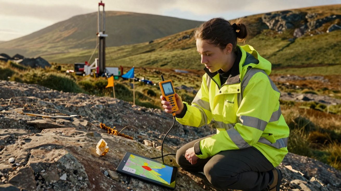 Mulher com casaco amarelo em campo aberto usando equipamento de medição geológica junto a tablet.