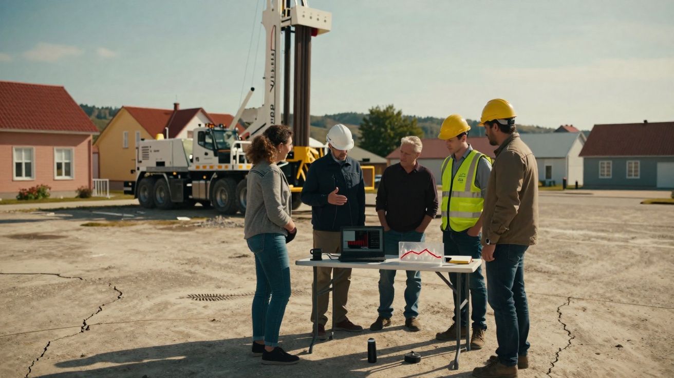 Cinco profissionais com capacetes discutem projeto num canteiro de obras junto a equipamento de construção e várias casas.