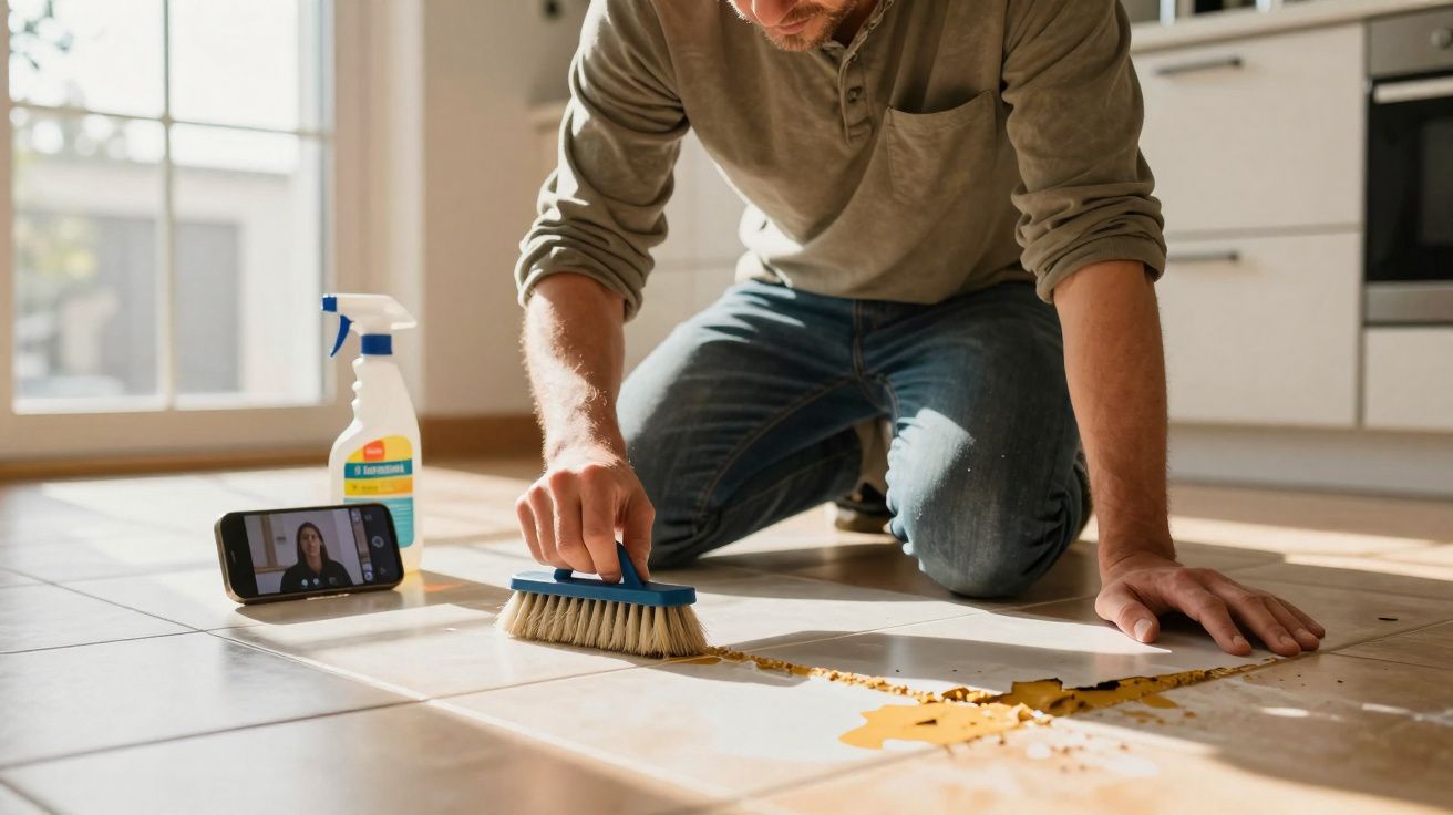 Homem de joelhos a limpar um piso de cerâmica com escova e produto de limpeza ao lado.