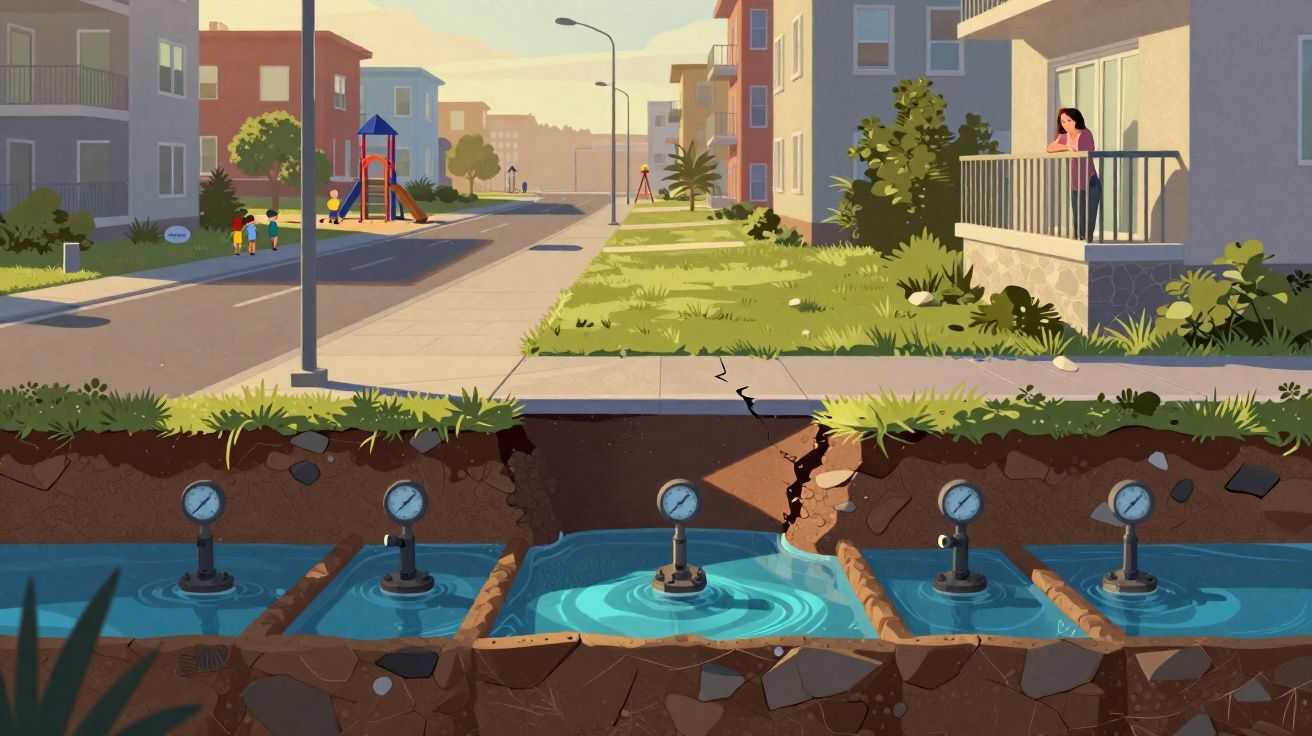 Rua residencial com medidores de água subterrâneos e crianças a brincar num parque ao fundo.