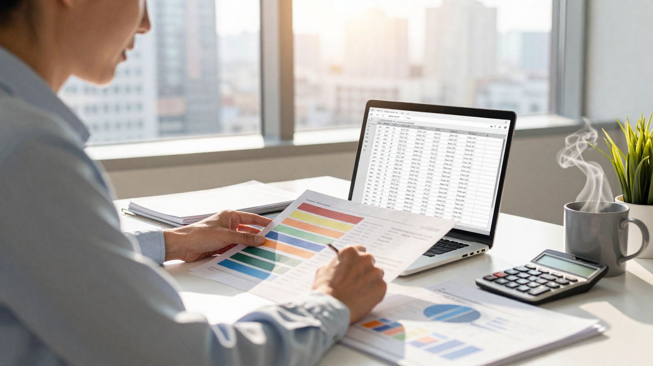 Pessoa a analisar gráficos coloridos em papel junto a computador portátil com tabela e calculadora num escritório iluminado.