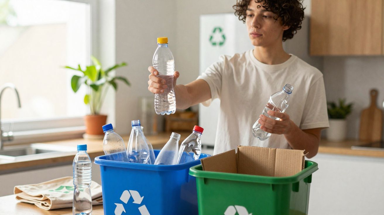 Pessoa a separar garrafas plásticas para reciclagem em contentores azul e verde numa cozinha.