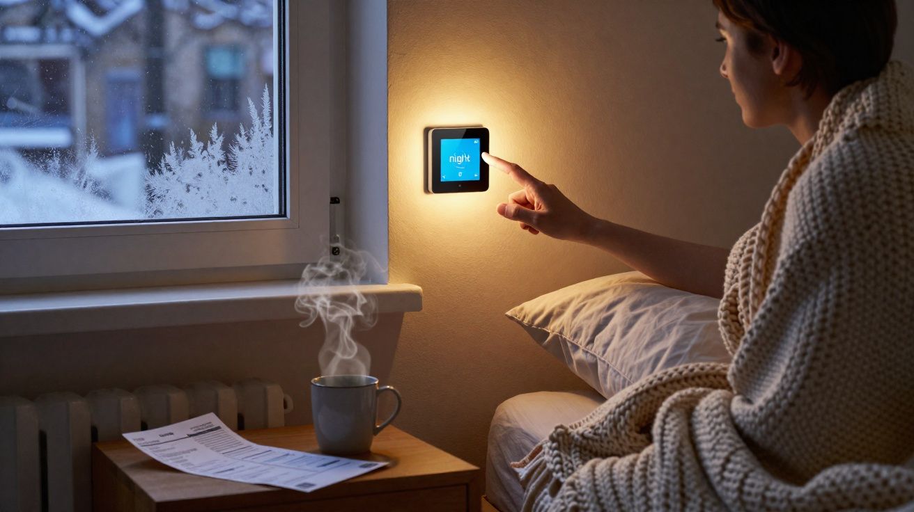 Mulher vestida com manta ajusta termóstato digital de parede numa noite fria de inverno.