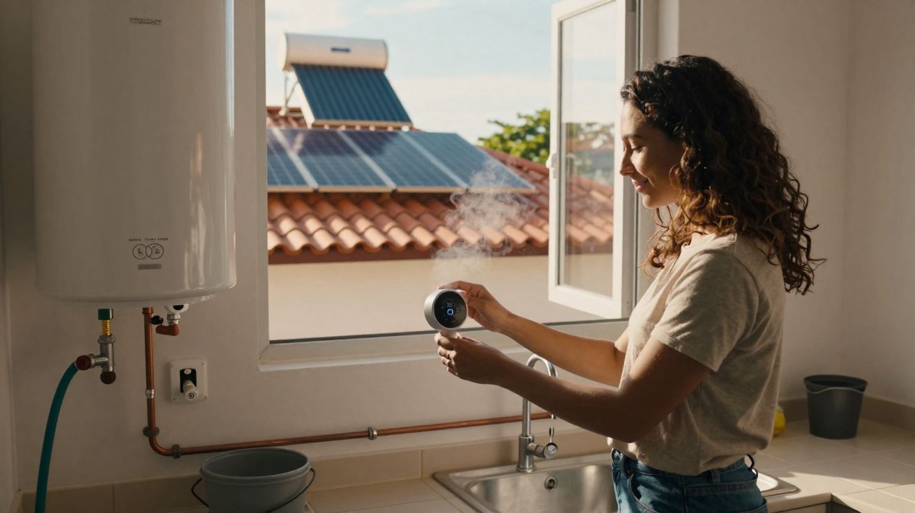Mulher a ajustar termóstato digital numa cozinha com caldeira e janela aberta ao fundo.