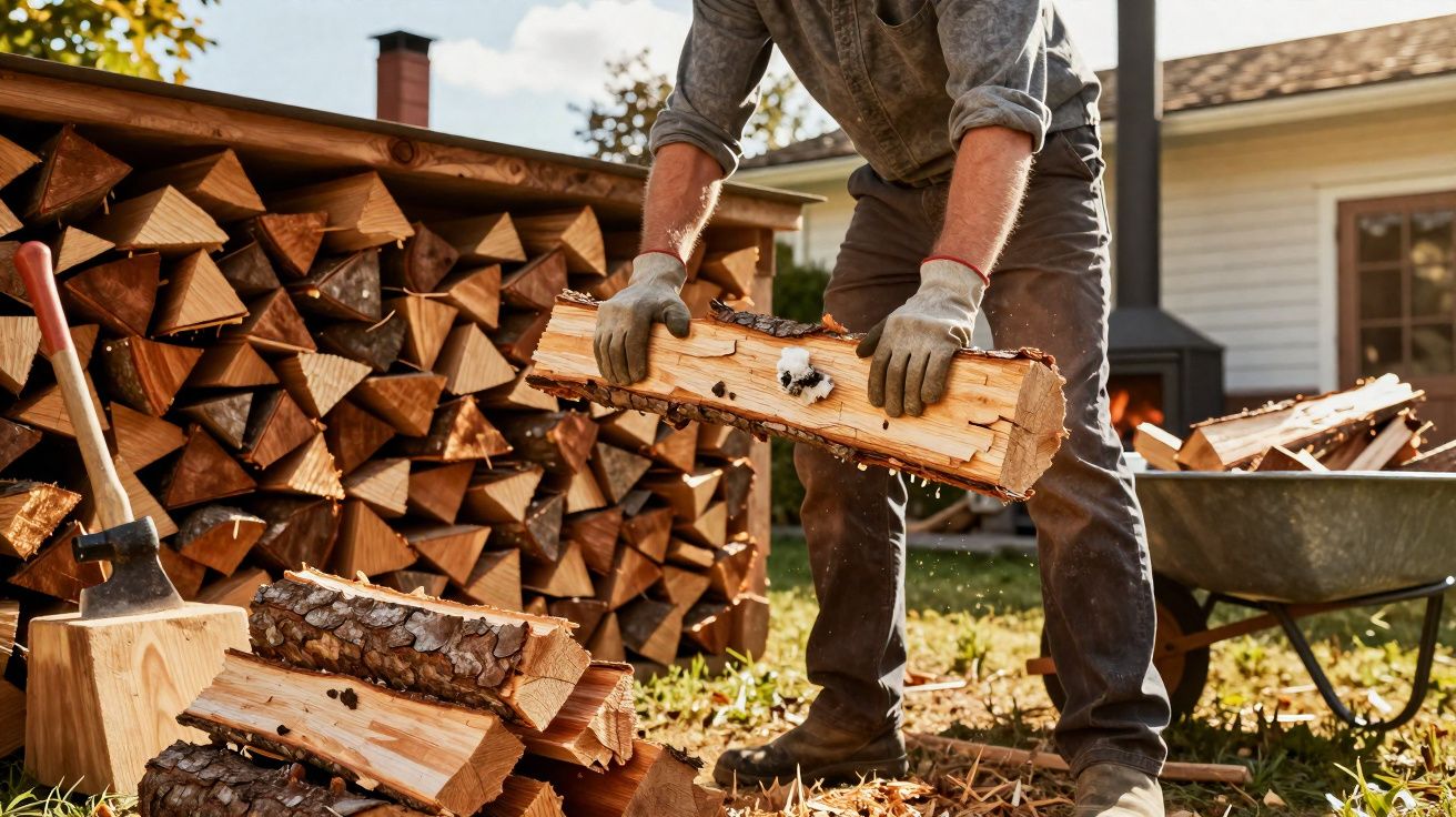 Pessoa com luvas a partir lenha para lenha junto a um monte de troncos empilhados e um machado.