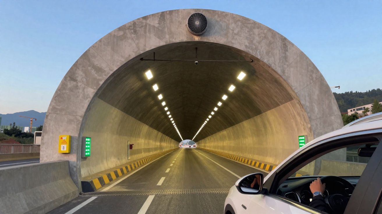 Entrada de túnel iluminado vista da estrada com parte da porta do carro branco à direita.
